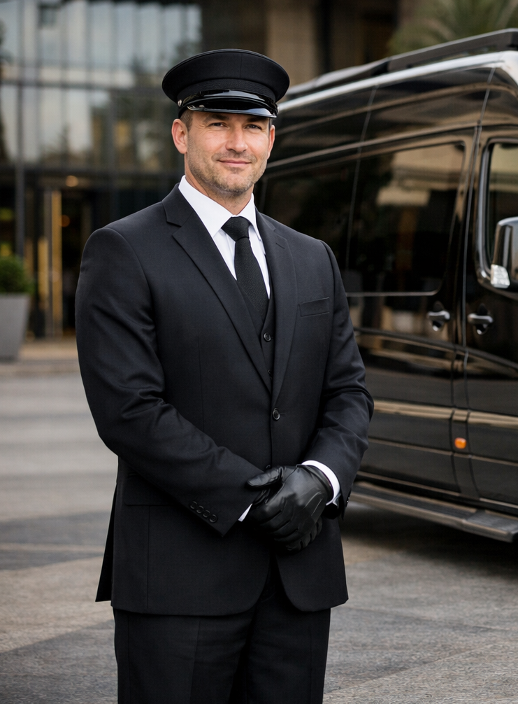 Professional chauffeur with luxury sprinter van
