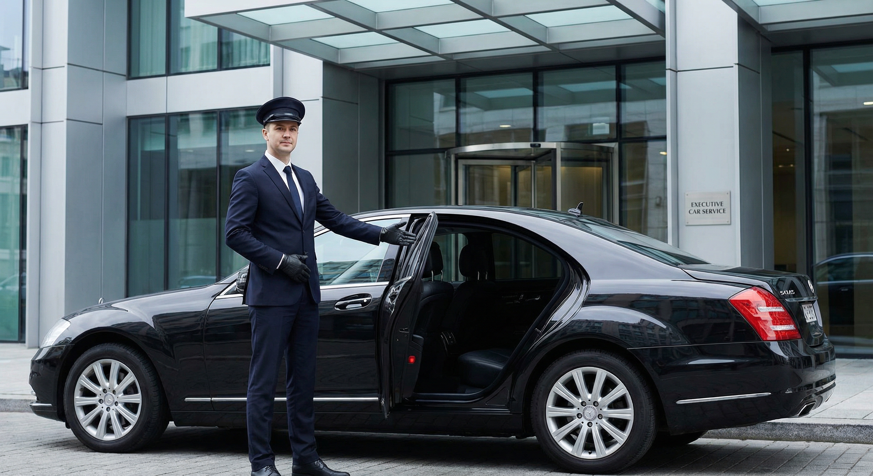 Chauffeur opening car door for executive airport transfer, Miami corporate car service