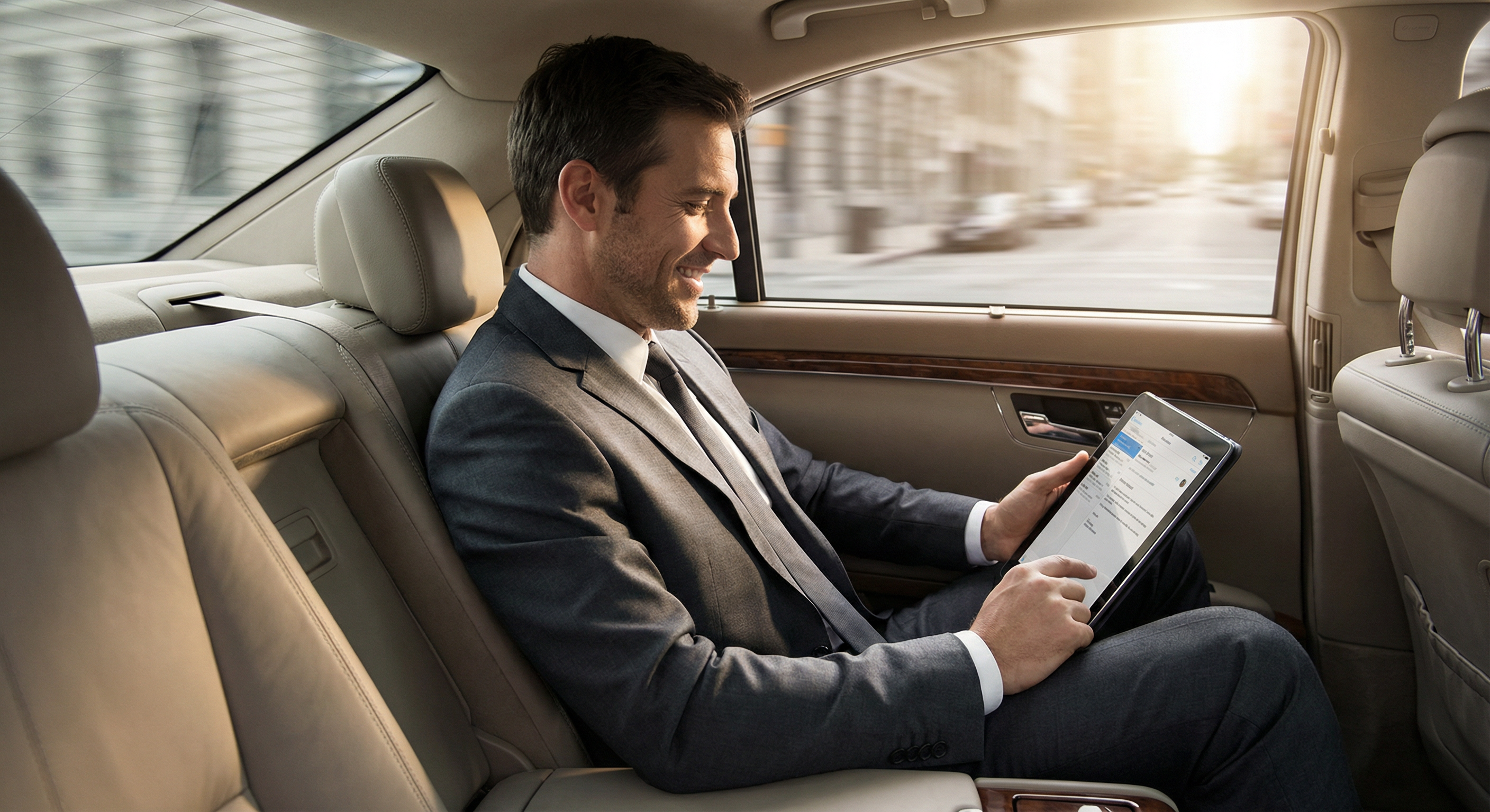 Executive relaxing in back seat of luxury sedan, Miami executive transportation