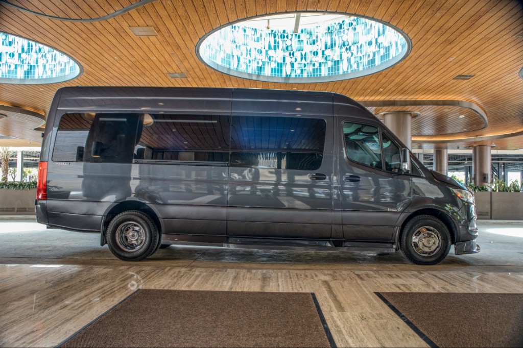 Dark grey Mercedes-Benz Sprinter van indoors, corporate transportation Miami