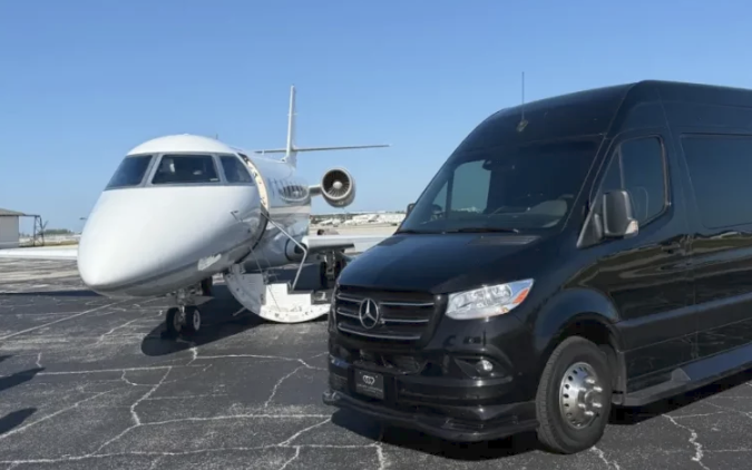 Luxury Sprinter van and private jet at the airport